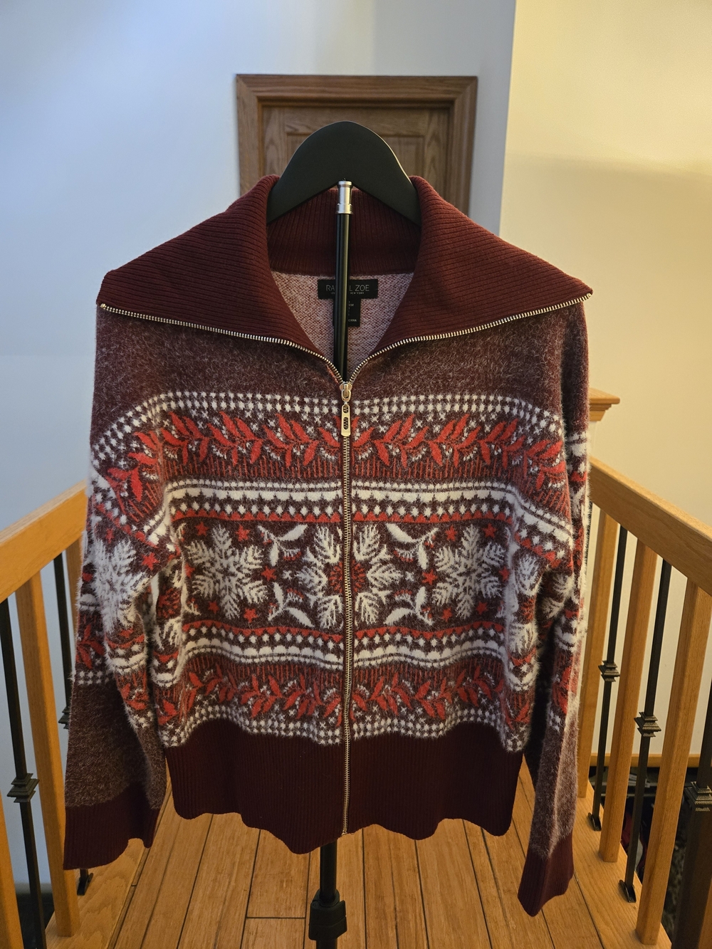 Tahari Maroon Zip-Front Fair Isle Winter Sweater